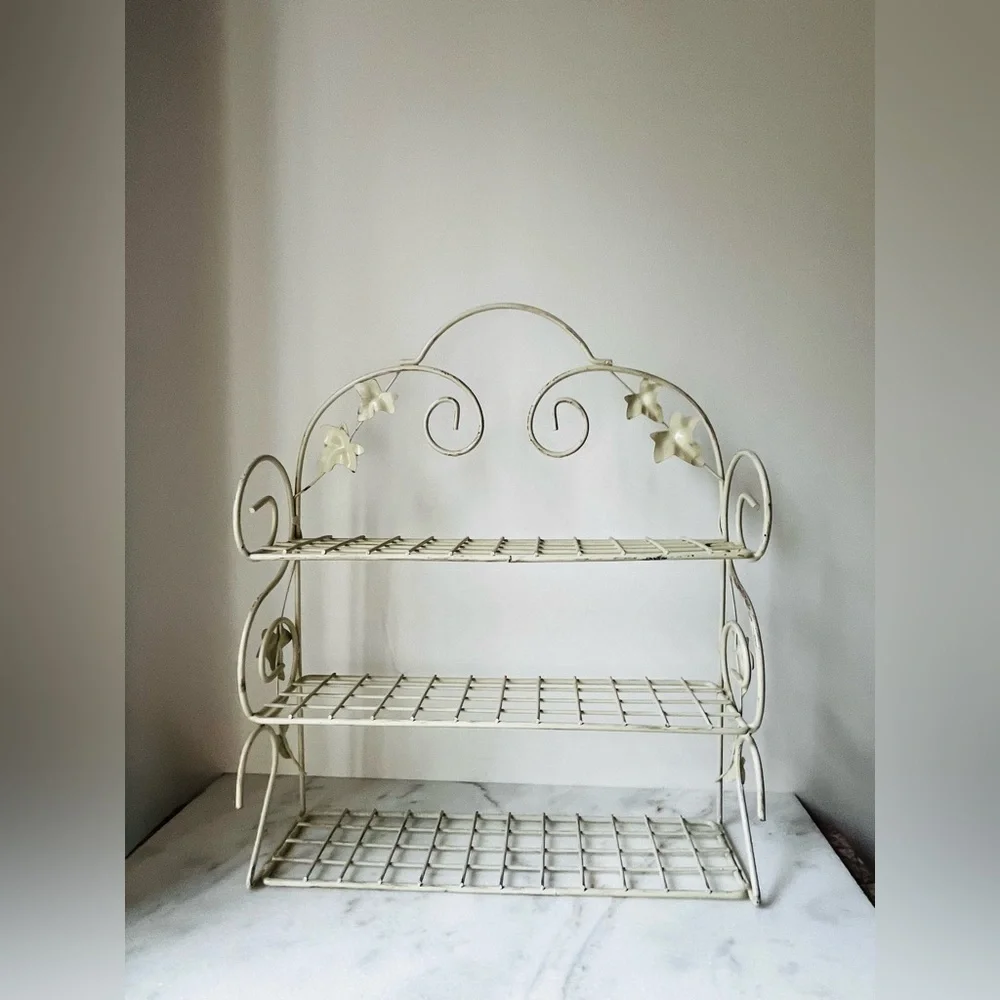 Elegant Cream Metal Shelf with Floral Accents